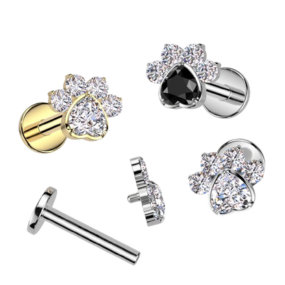 Implant Grade Titanium Internally Threaded Flat Back Stud With CZ Heart And 4 CZ Paw Top Stud Skin Metals