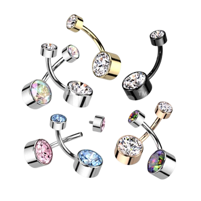 Implant Grade Titanium Internally Threaded Bezel Set Round Swarovski Double Crystal Belly Ring Belly Button Ring Skin Metals