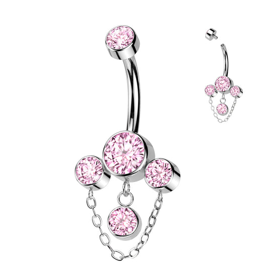 Implant Grade Titanium Internally Threaded Triple Bezel Set CZ Belly Button Ring With CZ and Chain Dangle Belly Button Ring Skin Metals Clear