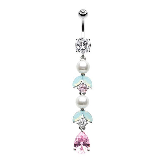 Pastel Pearl Leaf Drop Bling Belly Button Ring Navel Ring Skin Metals