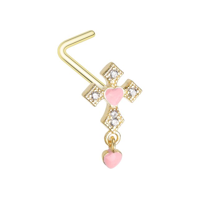 Golden Heart Cross Dangle Gem L-Shape Nose Ring Nose Ring Skin Metals