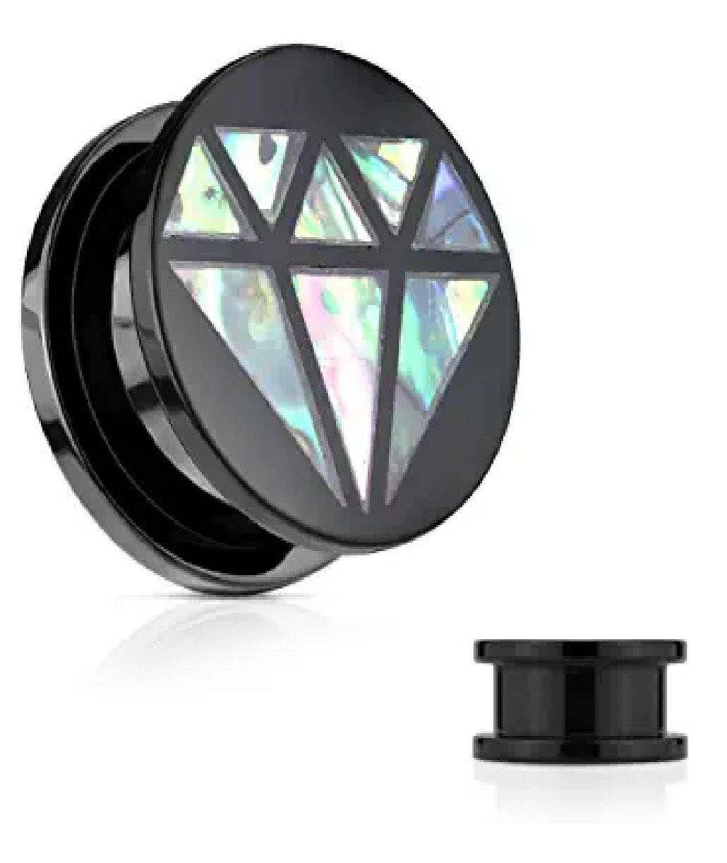 Acrylic Abalone Inlaid Diamond Front Black Screw Fit Plugs Plugs Impulse Piercings 0GA (8mm)