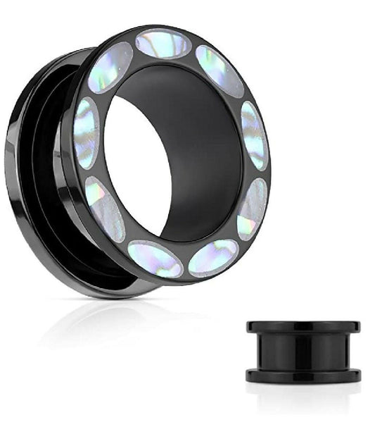 Acrylic Abalone Inlaid Rim Black Screw Fit Flesh Tunnels Plugs Impulse Piercings 0GA (8mm)