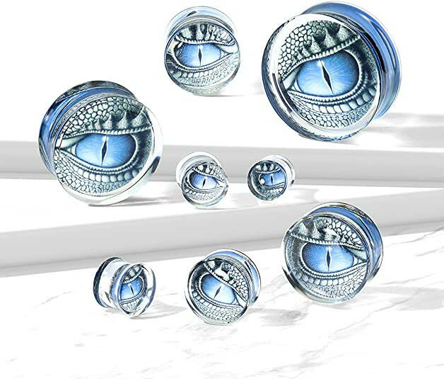 Acrylic Blue Dragon Eye Print Encased Clear Saddle Fit Plug Plugs Impulse Piercings