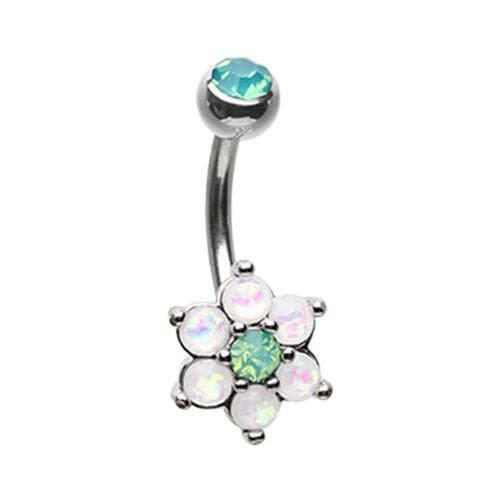 Admirable Glitter Opal Flower Belly Button Ring Navel Ring Impulse Piercings Rose Water Opal/Teal