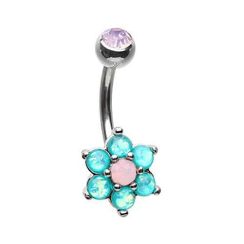 Admirable Glitter Opal Flower Belly Button Ring Navel Ring Impulse Piercings Pacific Opal/White