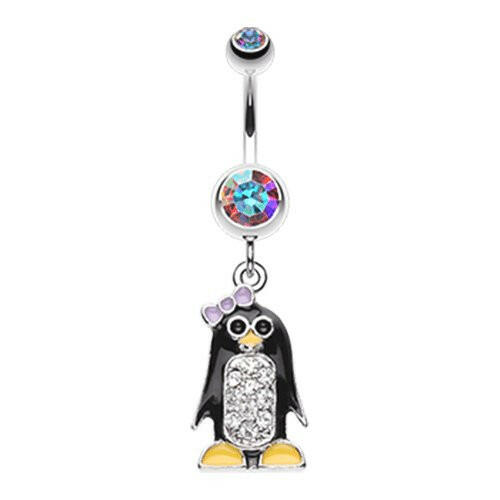 Adorable Penguin Sparkle Belly Button Ring Navel Ring Impulse Piercings Pink/Aurora Borealis