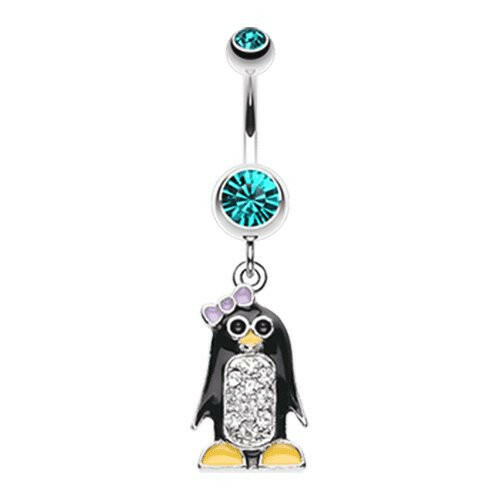 Adorable Penguin Sparkle Belly Button Ring Navel Ring Impulse Piercings Teal