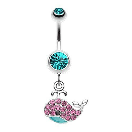 Adorable Whale Multi-Gem Belly Button Ring Navel Ring Impulse Piercings 14 gauge (1.6mm) Teal