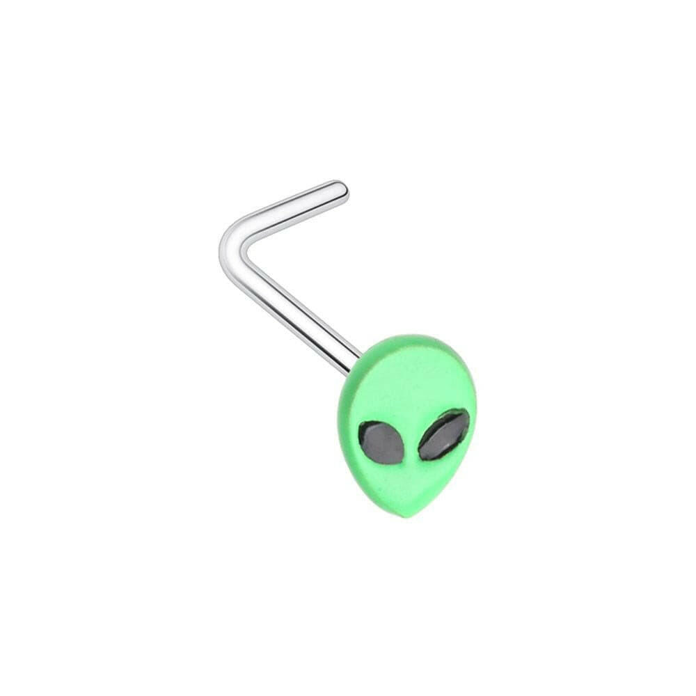 Alien Head L-Shape Nose Ring Nose Ring Impulse Piercings 20 GA (0.8mm) Green/Black