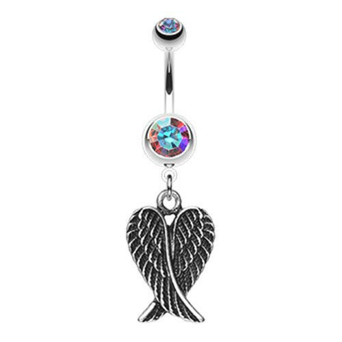 Angel Wing Heart Belly Button Ring Navel Ring Impulse Piercings 14 gauge (1.6mm) Aurora Borealis