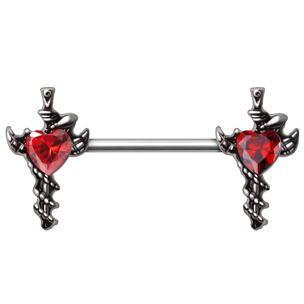 Angel Wing Sword Nipple Rings 14G Snake CZ Heart Nipple Barbell 316L Steel Pair - Skin Metals