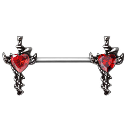 Angel Wing Sword Nipple Rings 14G Snake CZ Heart Nipple Barbell 316L Steel Pair - Skin Metals