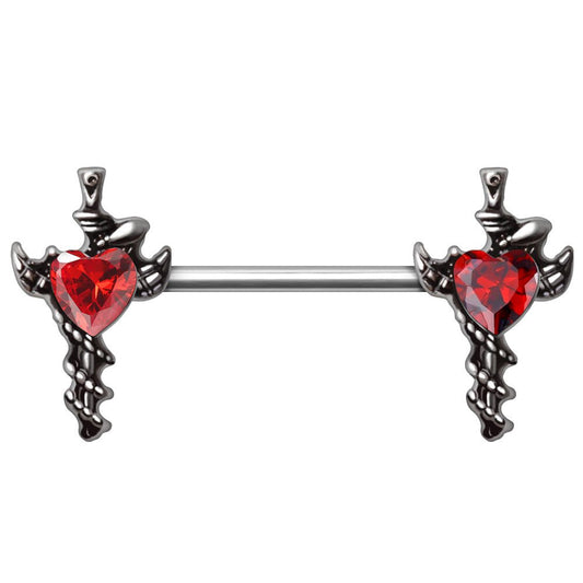 Angel Wing Sword Nipple Rings 14G Snake CZ Heart Nipple Barbell 316L Steel Pair
