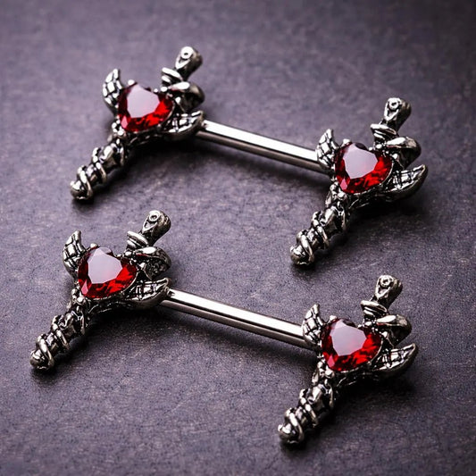 Angel Wing Sword Nipple Rings 14G Snake CZ Heart Nipple Barbell 316L Steel Pair