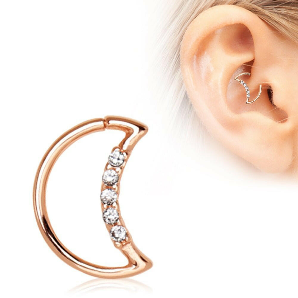 Annealed Rose Gold Plated Jeweled Crescent Moon Cartilage Earring Cartilage Earring Impulse Piercings