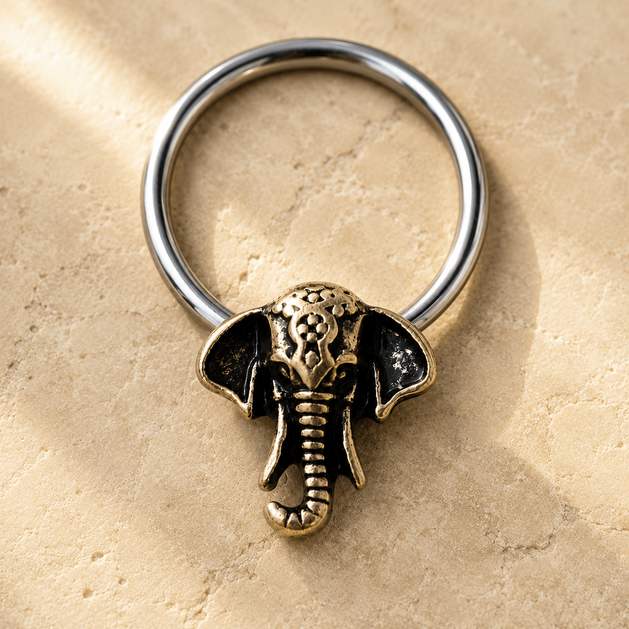 Stainless Steel Antique Bronze Plated Elephant Snap-in Captive Bead Ring - Skin Metals