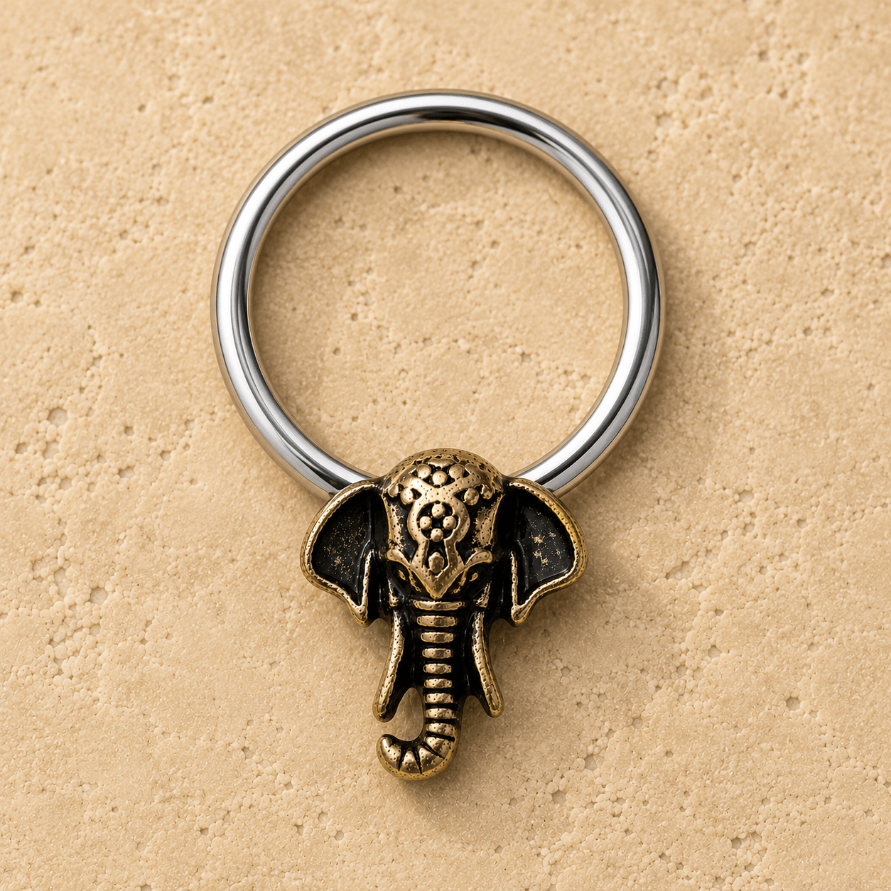 Stainless Steel Antique Bronze Plated Elephant Snap-in Captive Bead Ring - Skin Metals
