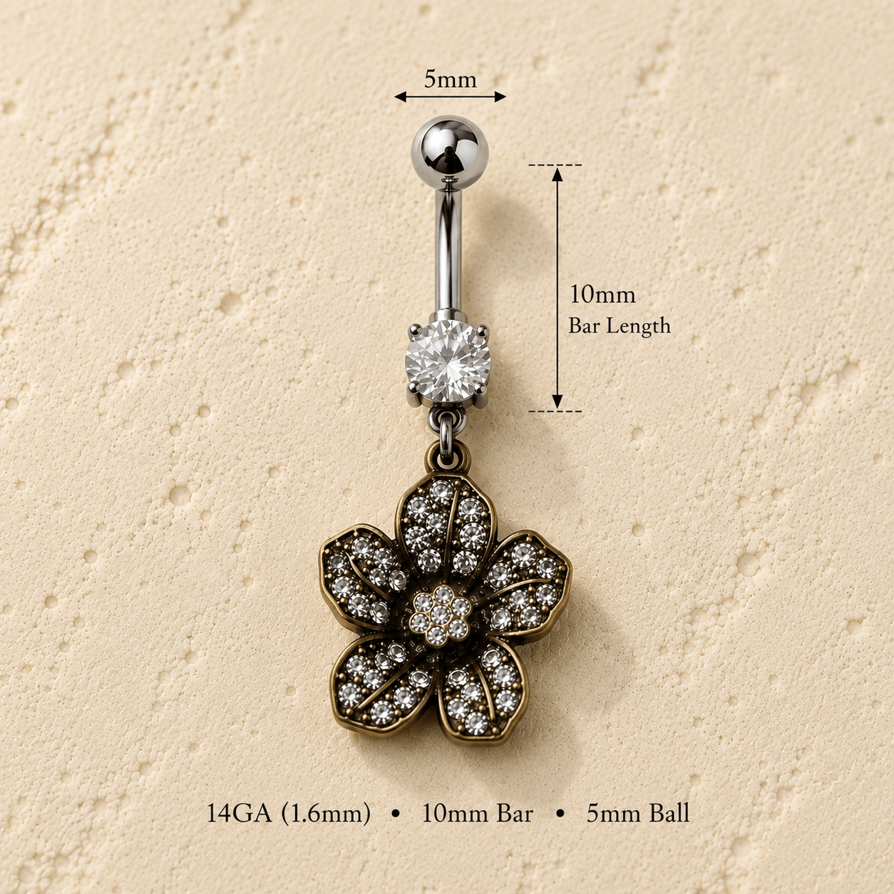 Antique Gold Flower Dangle Navel Ring 14G CZ 316L Steel