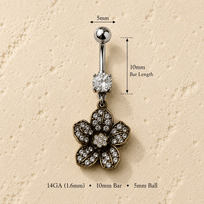 Antique Gold Flower Dangle Navel Ring 14G CZ 316L Steel