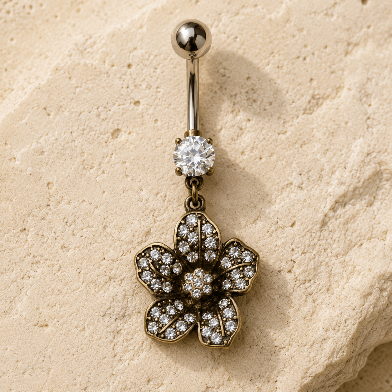 Antique Gold Flower Dangle Navel Ring 14G CZ 316L Steel