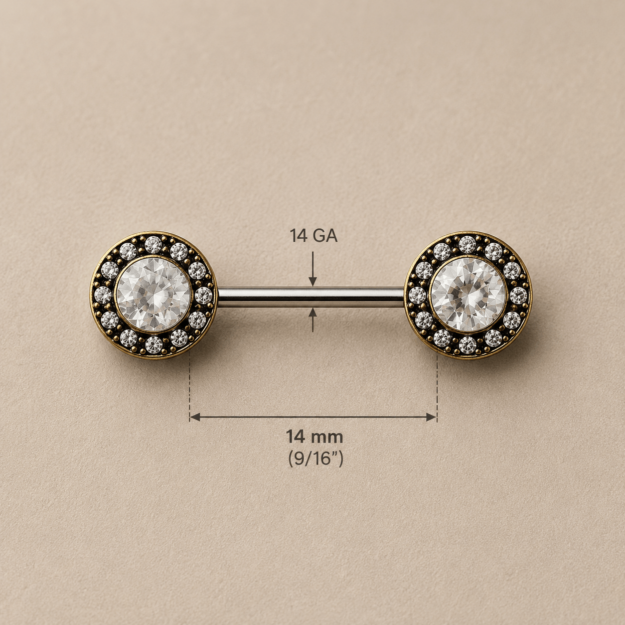 Antique Gold Grand CZ Nipple Bar 14G Pair