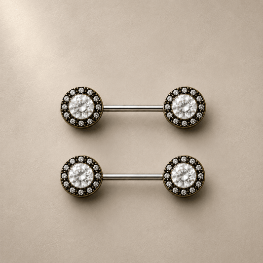 Antique gold grand CZ nipple bar 14G pair, large round CZ multiple small CZ gold plated steel