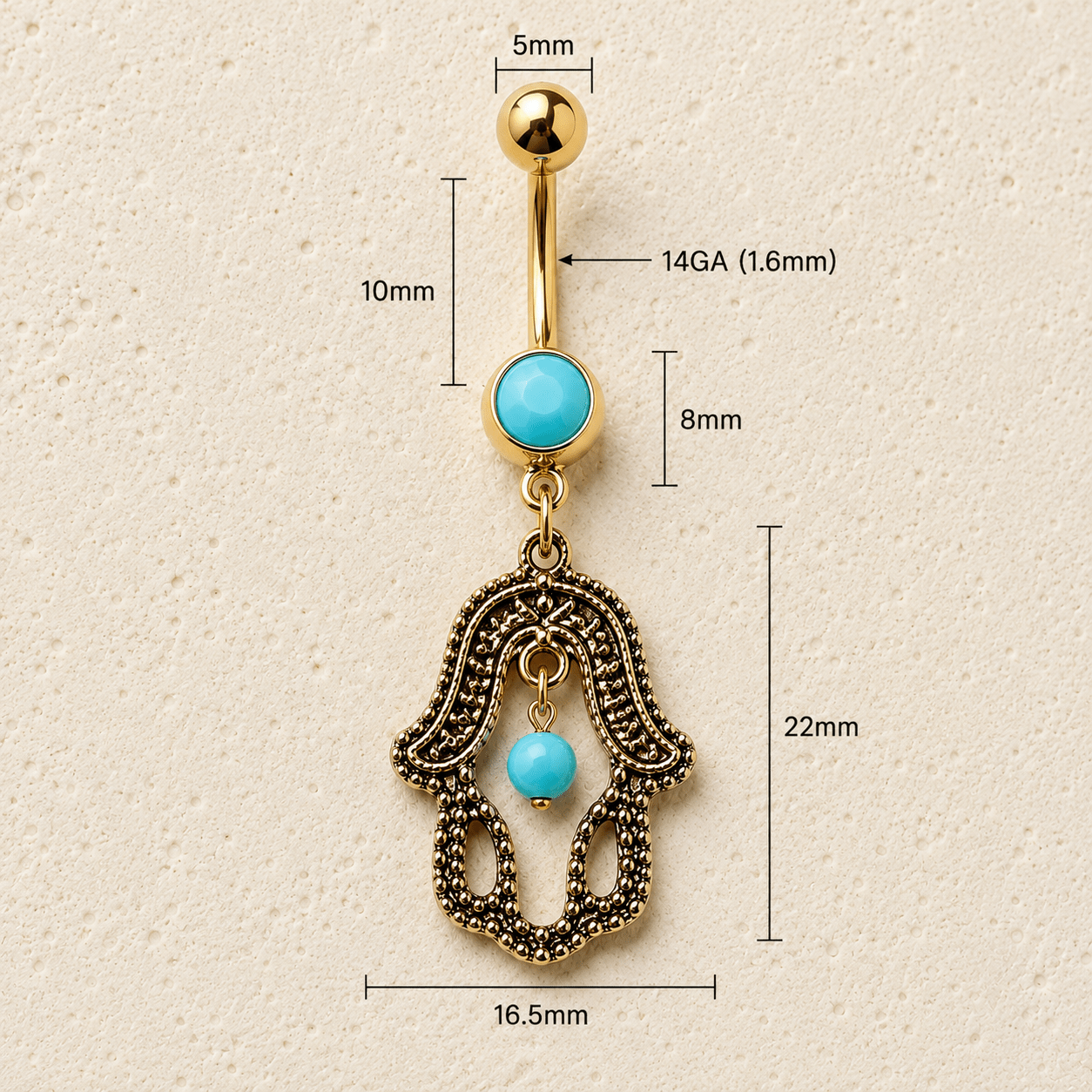 Antique gold hamsa navel ring size chart, 14GA 1.6mm thickness 10mm length 16.5x22mm design measurements
