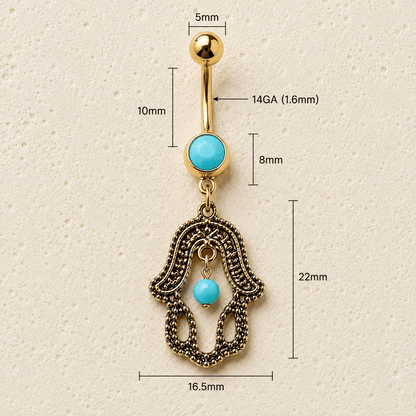 Antique gold hamsa navel ring size chart, 14GA 1.6mm thickness 10mm length 16.5x22mm design measurements
