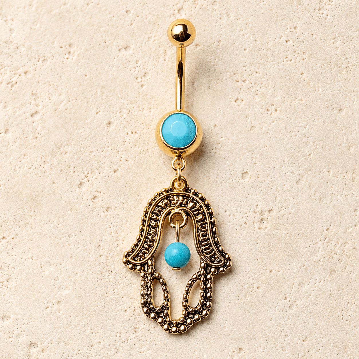 Antique gold hamsa turquoise dangle navel ring 14G, intricate carvings turquoise bead belly button ring
