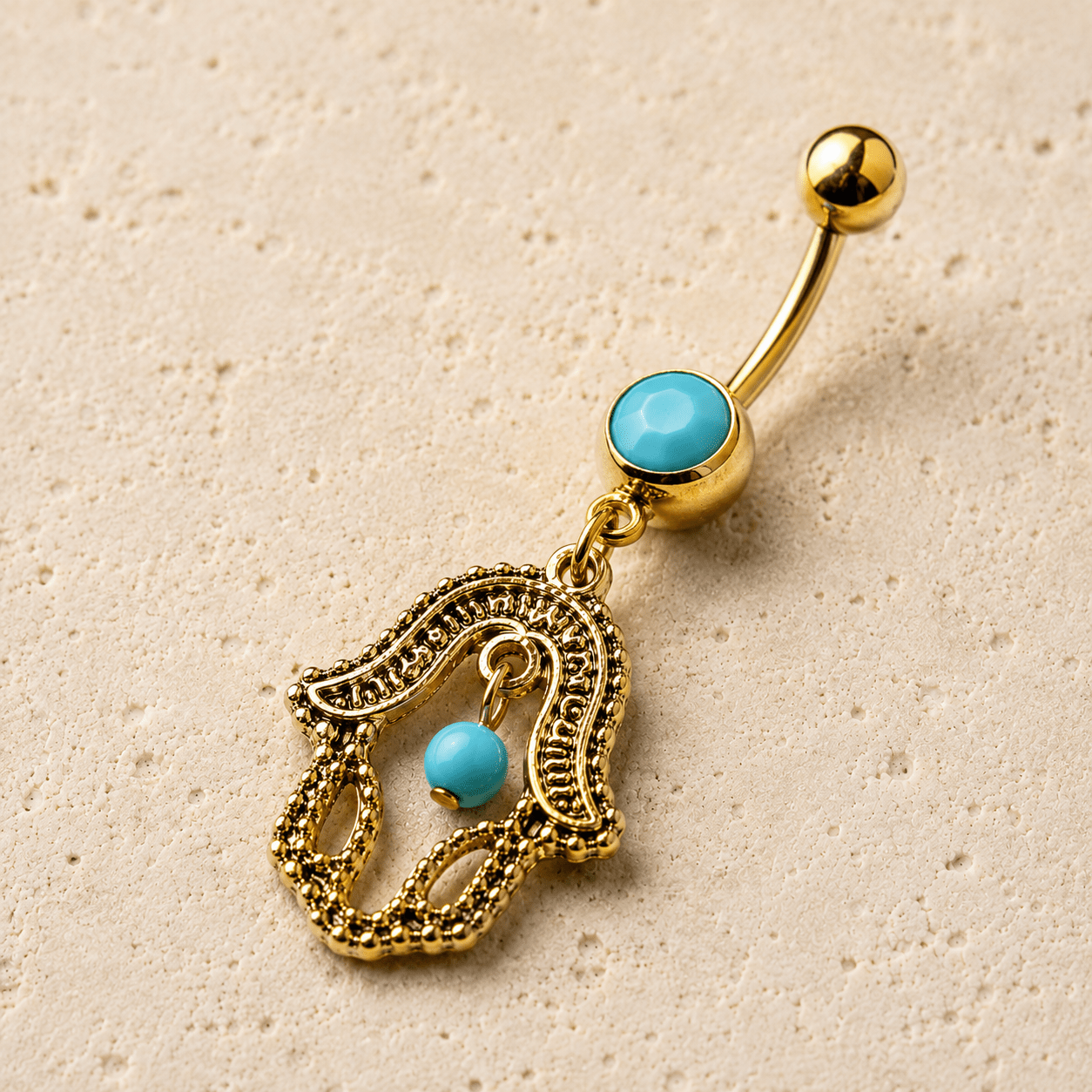 Side view of antique gold hamsa turquoise dangle navel ring, 14G belly button ring bead-like decor
