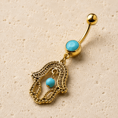 Side view of antique gold hamsa turquoise dangle navel ring, 14G belly button ring bead-like decor
