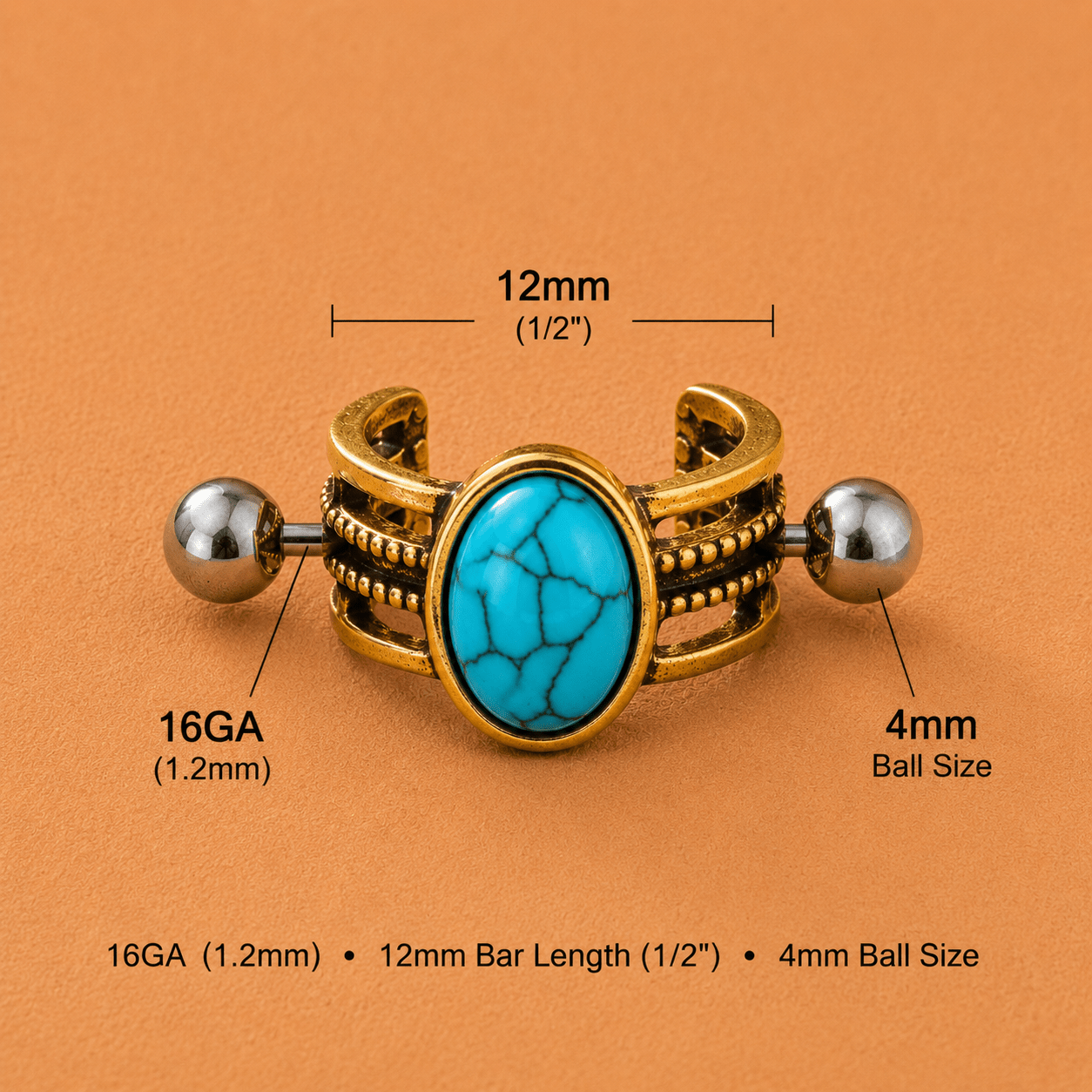 Antique Gold Oval Turquoise Stone Cartilage Ear Cuff - Skin Metals