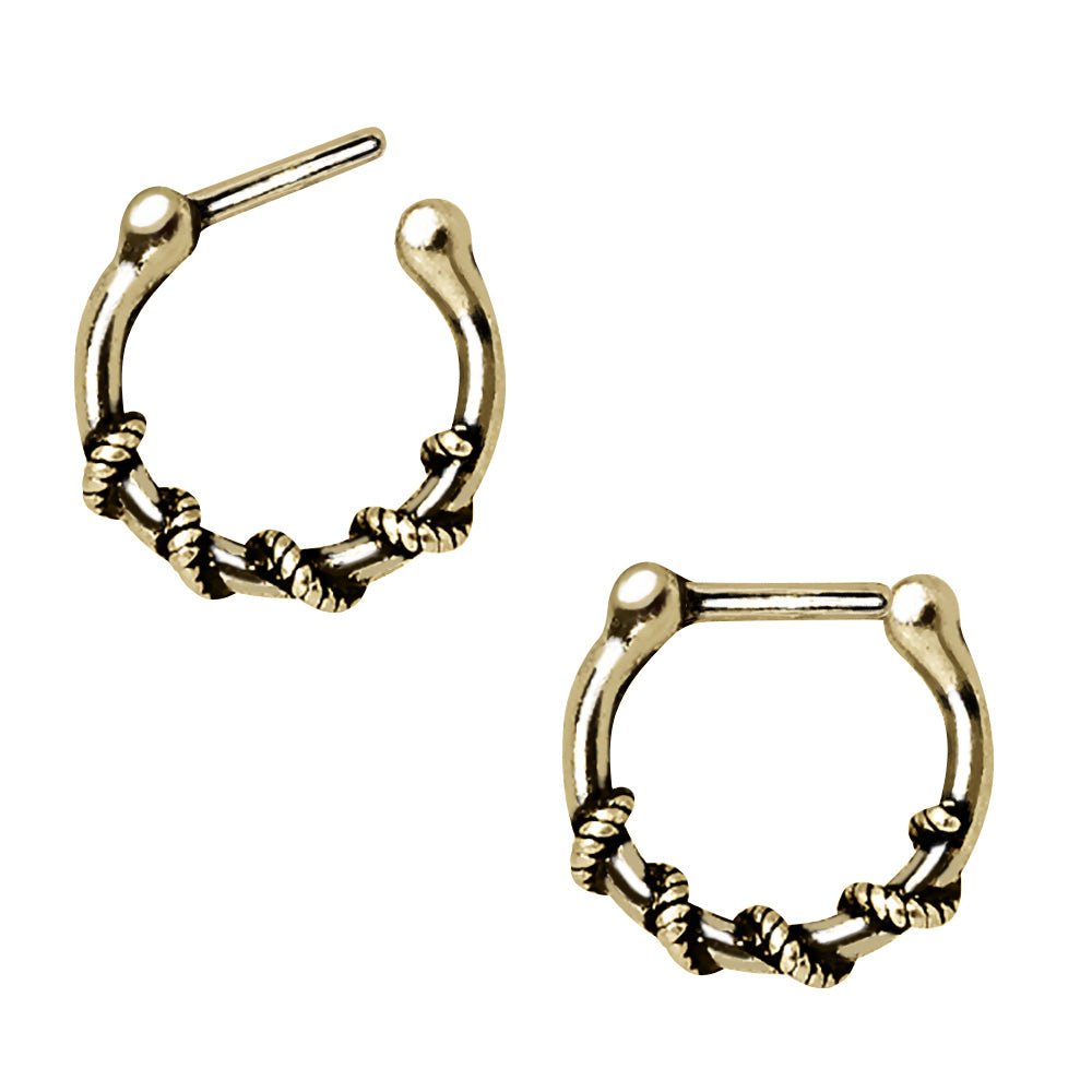Antique Gold Rope Septum Clicker 16G 10mm Hinged Nose Ring Textured Stainless Steel - Skin Metals