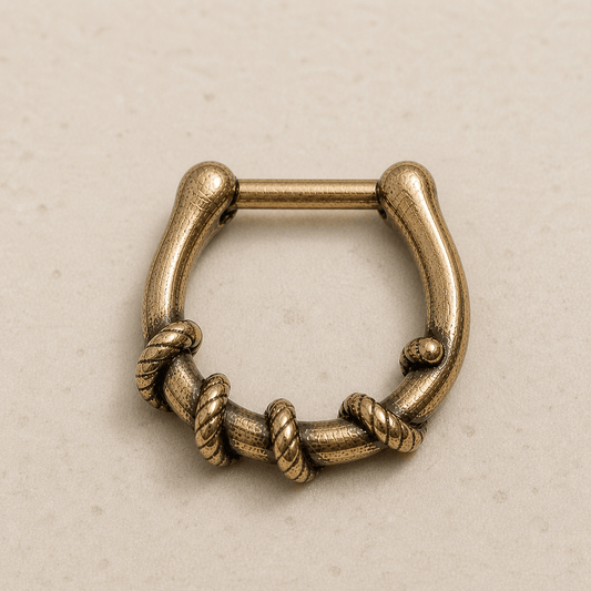 Antique Gold Rope Septum Clicker 16G 10mm Hinged Nose Ring Textured Stainless Steel - Skin Metals
