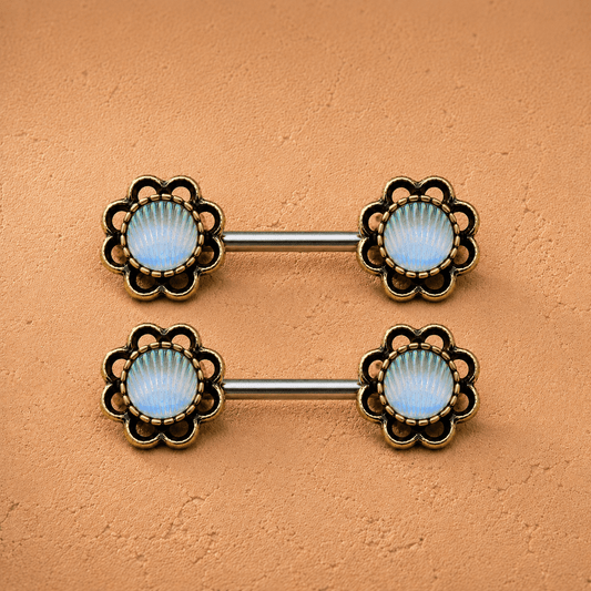 Antique Gold Seashell Flower Nipple Bar 14G Rhinestone Pair - Skin Metals