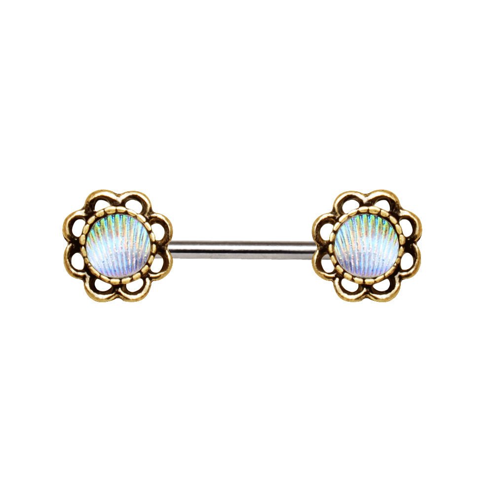 Gold-framed barbell with circular design on a white background