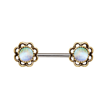 Gold-framed barbell with circular design on a white background