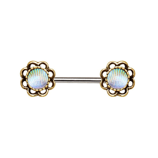 Antique Gold Seashell Flower Nipple Bar 14G Rhinestone Pair