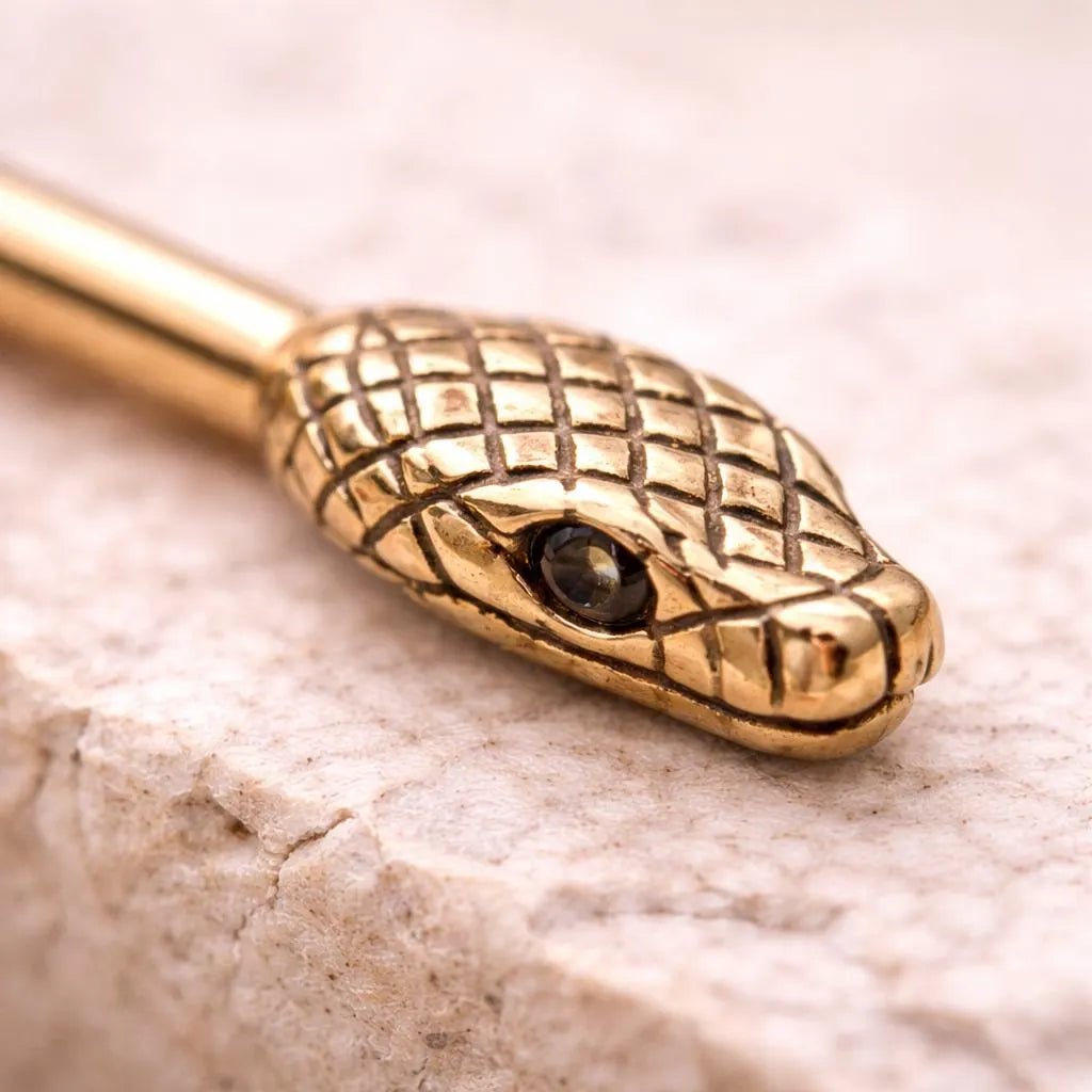 Antique Gold Snake Industrial Barbell - Externally Threaded Bar Industrial Barbell Skin Metals