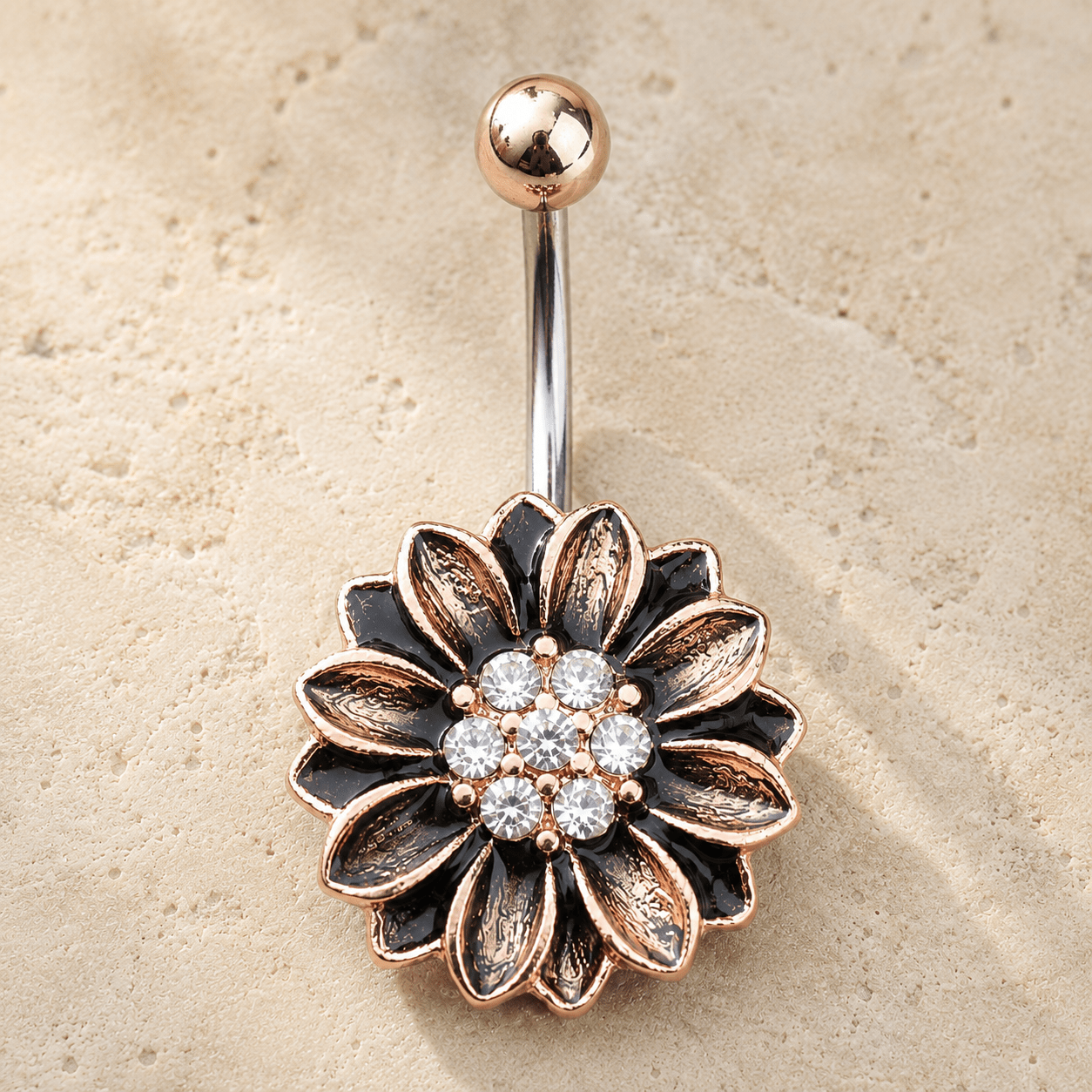 Antique rose gold floral navel ring 14G, sunflower metallic petals clear CZ cluster 316L stainless steel belly ring