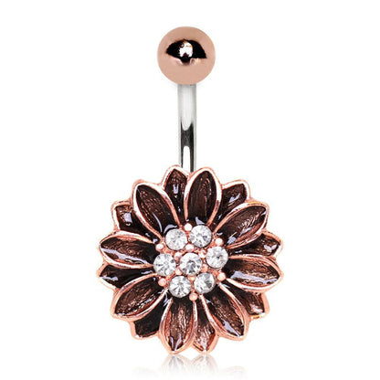 Antique rose gold floral navel ring on white background, 14G sunflower CZ cluster 316L stainless steel belly ring
