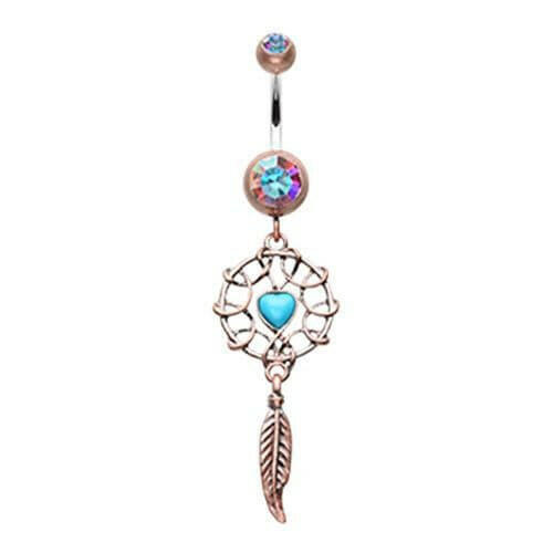 Antique Turquoise Heart Dreamcatcher Belly Button Ring Navel Ring Impulse Piercings Copper/Aurora Borealis/Turquoise Brass/Clear/Turquoise