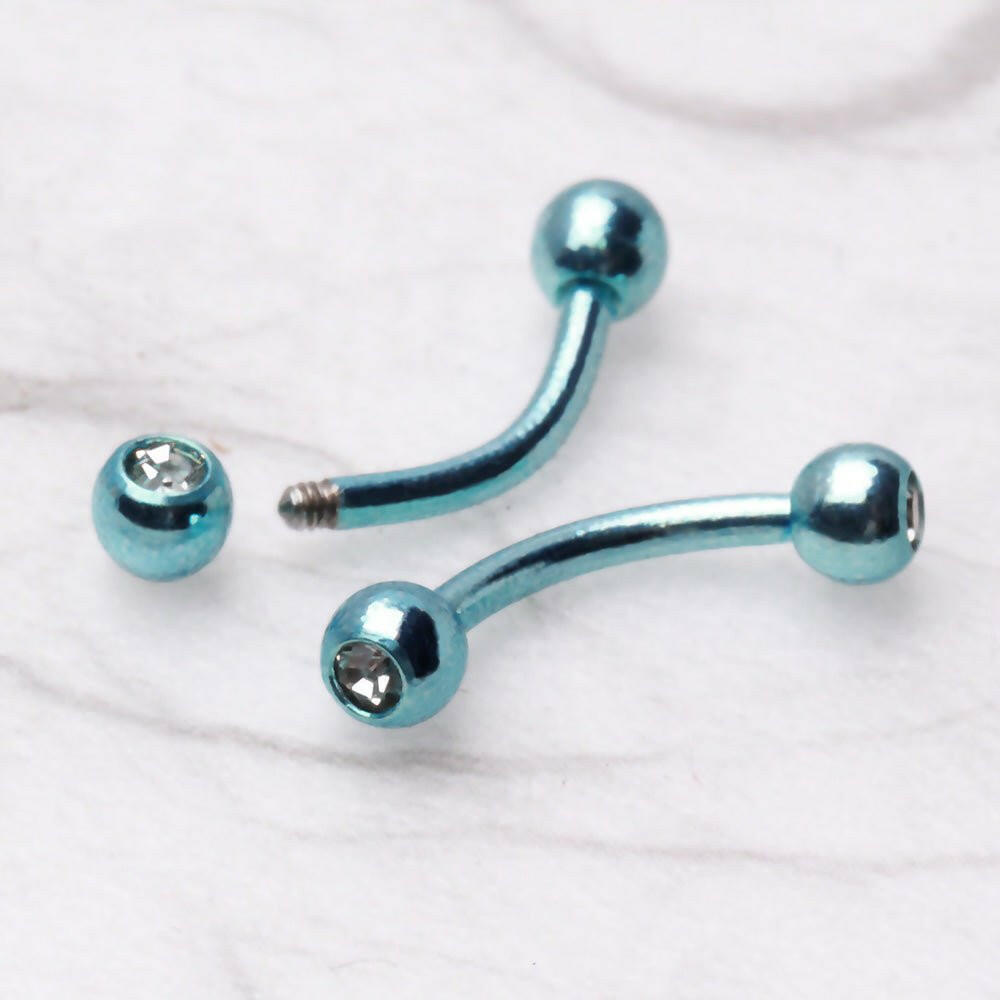 Aqua Electroplated 316L Stainless Steel Curved Barbell with CZ Balls Industrial Barbell Impulse Piercings