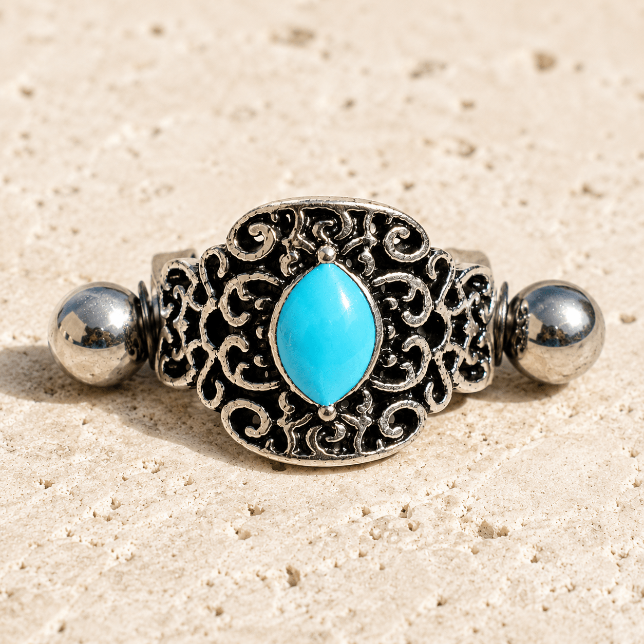 Aqua ornate cartilage cuff earring 16G, oval aqua enamel black plated 316L stainless steel body jewelry

