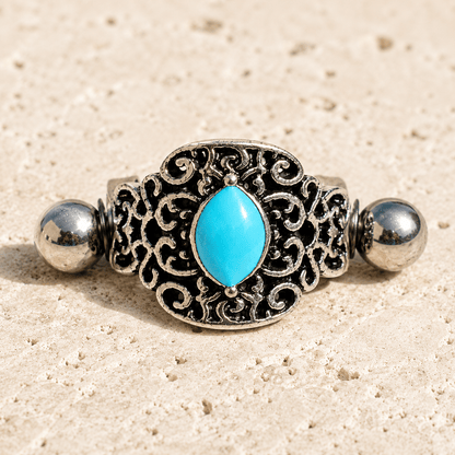 Aqua ornate cartilage cuff earring 16G, oval aqua enamel black plated 316L stainless steel body jewelry
