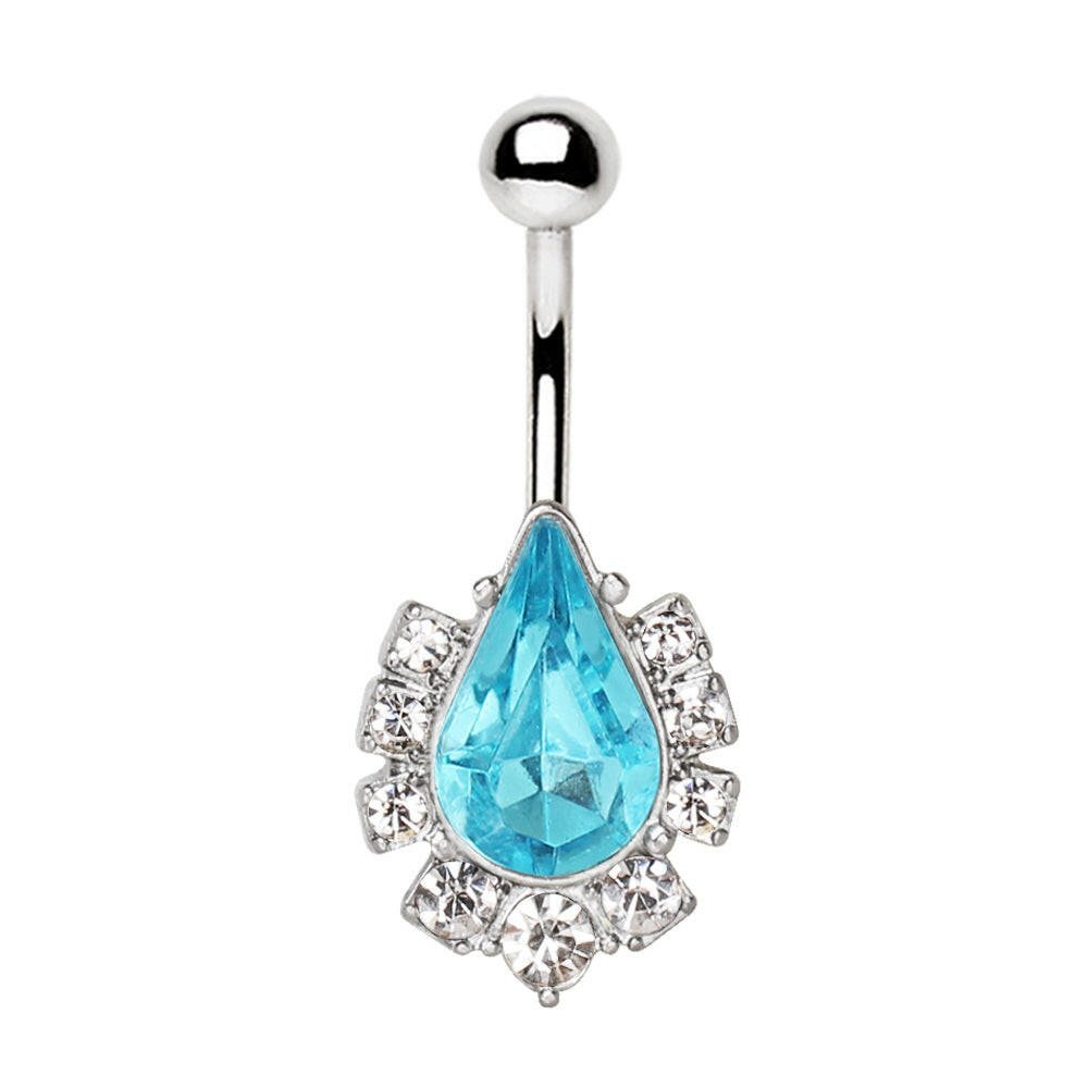 Aqua teardrop CZ navel ring on white background, 14G large aqua CZ clear surround 316L stainless steel belly ring