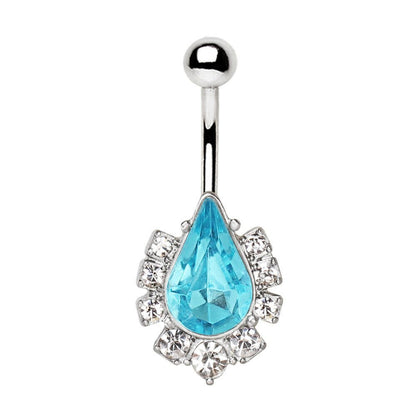 Aqua teardrop CZ navel ring on white background, 14G large aqua CZ clear surround 316L stainless steel belly ring