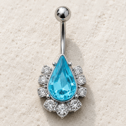 Aqua teardrop CZ navel ring 14G, large aqua cubic zirconia clear CZ surround 316L stainless steel belly button ring