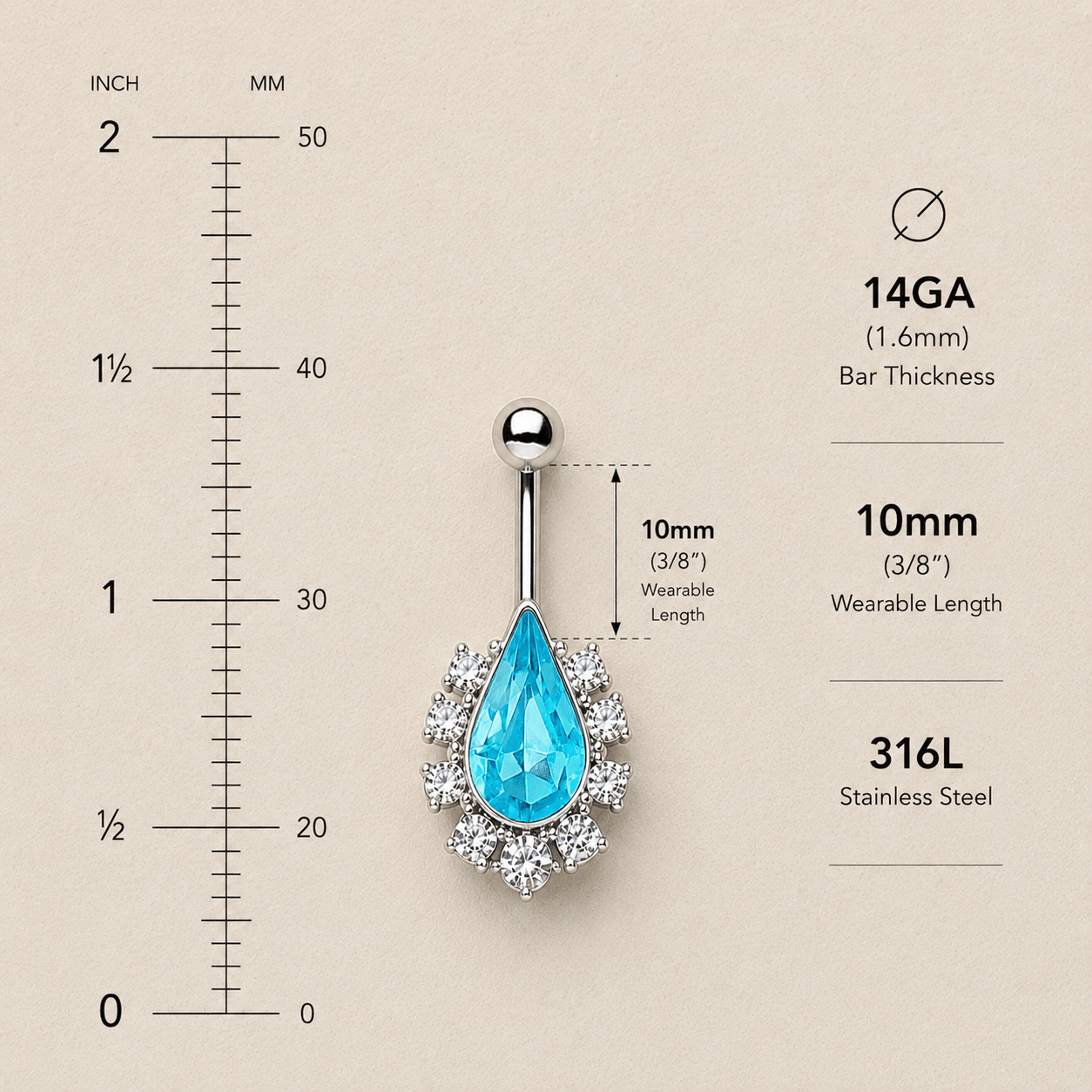 Aqua teardrop CZ navel ring size chart, 14GA 1.6mm bar thickness 10mm bar length, 9x13mm aqua CZ 316L stainless steel measurements